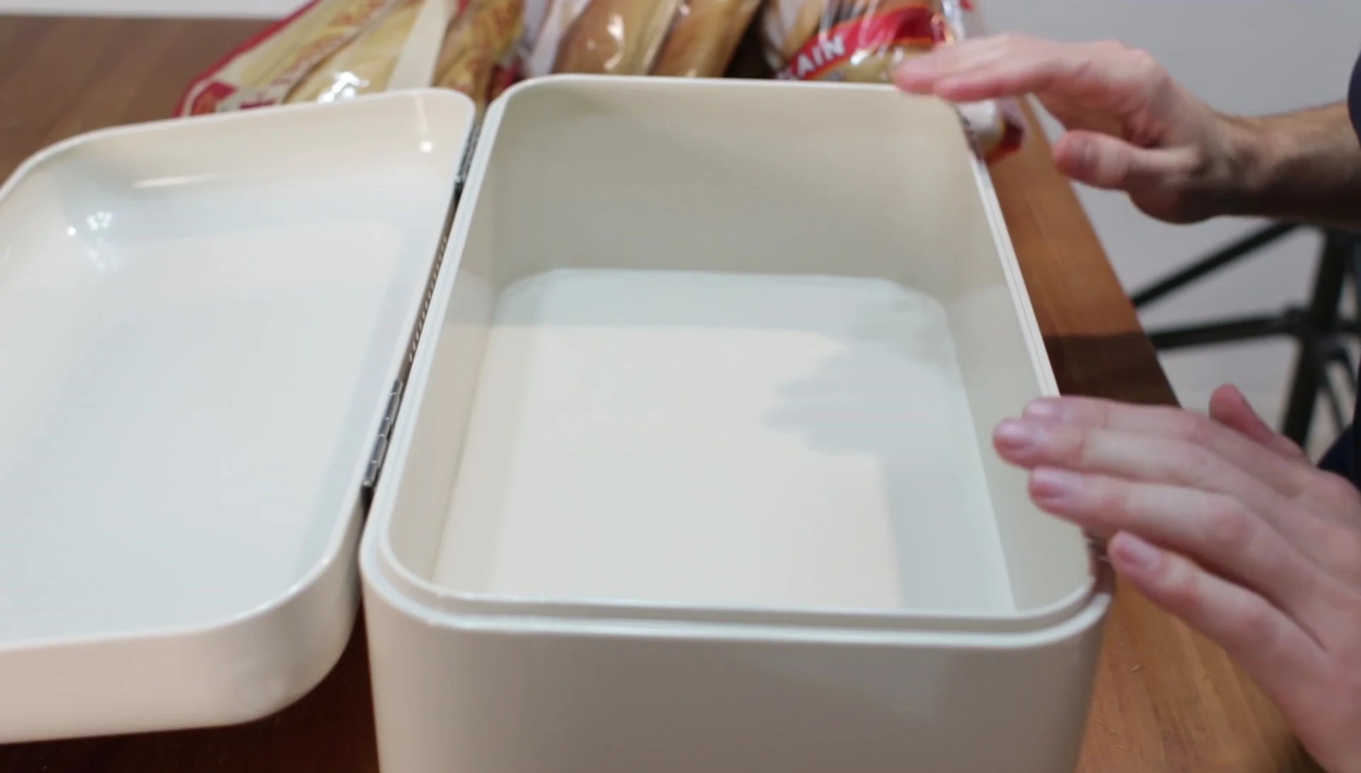 A close up of the bread box's clean interior showing how crumbs would not be trapped in corners