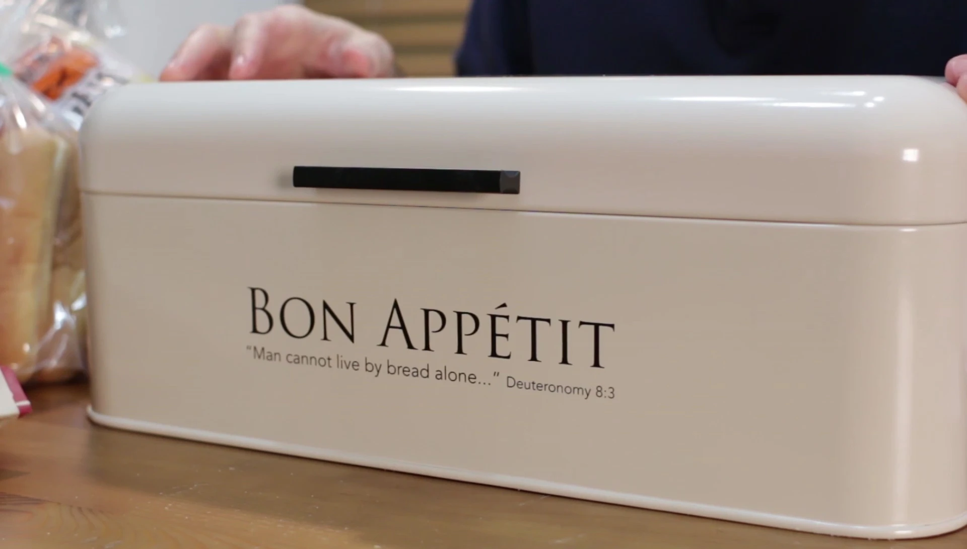 The bread box with the inscription 'Bon Appetit' visible