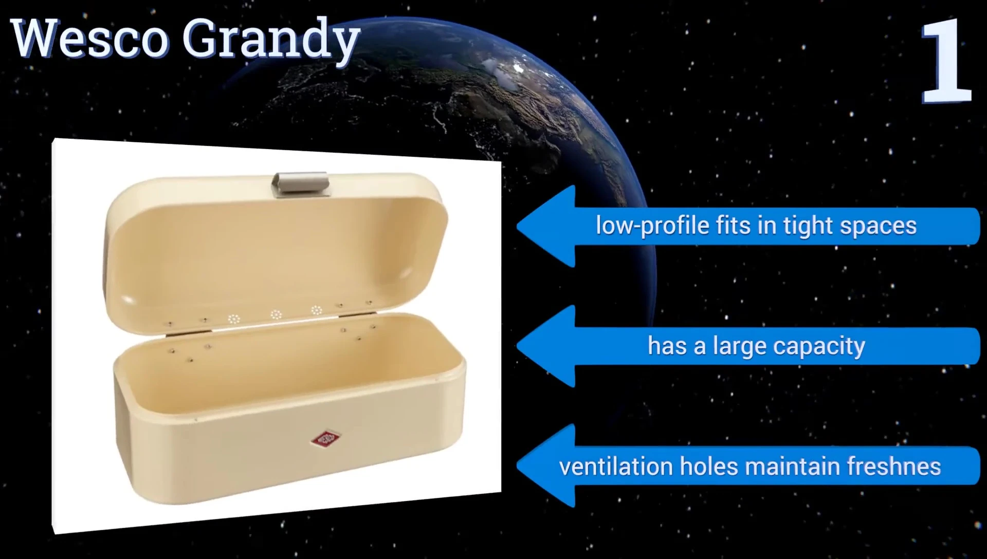 The bread box emphasizing its low profile and large capacity.