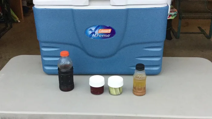 Use larger plastic jars (originally peanut butter jars) to store various dry goods like peanuts, crackers, cookies, hot chocolate, tea, and oatmeal.