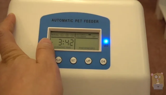 Set the feeding times for each meal using the up button and 'okay' button. Adjust the hour and minute for each meal.