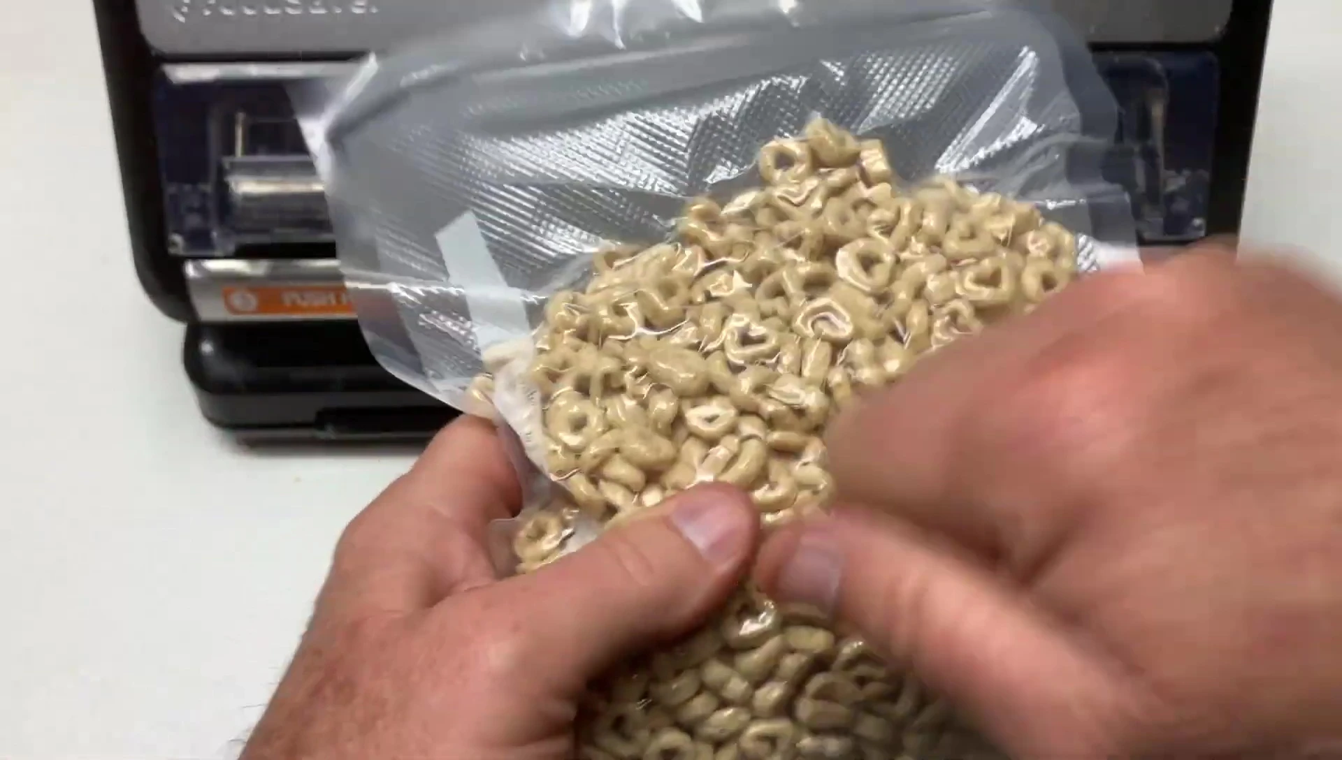 The vacuum-sealed bag of cereal, demonstrating the effectiveness of the seal.