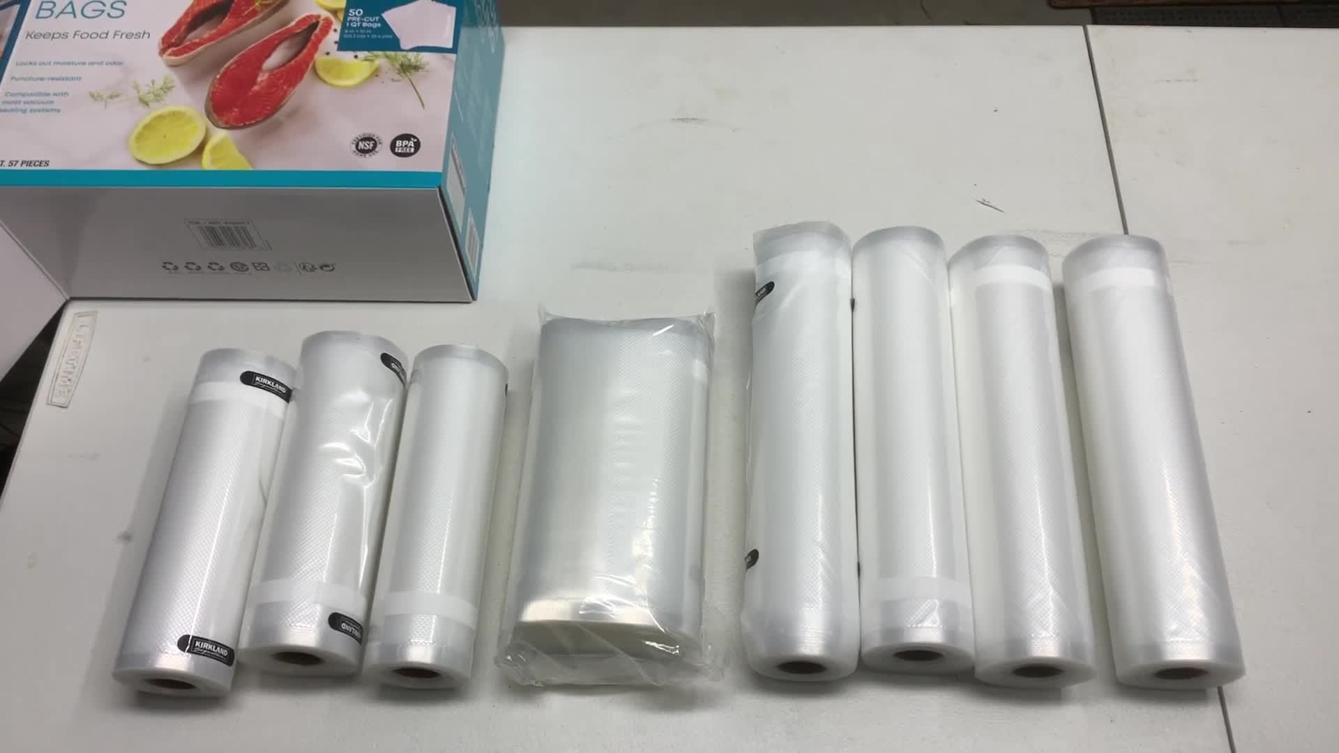Close-up of the Kirkland vacuum sealing bags box, showing the variety of bags included.