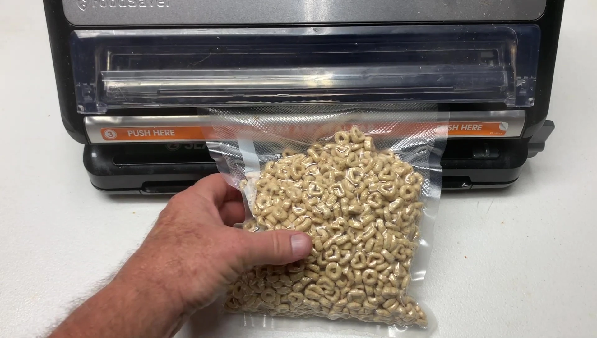 A sealed bag of cereal after going through the vacuum sealer.