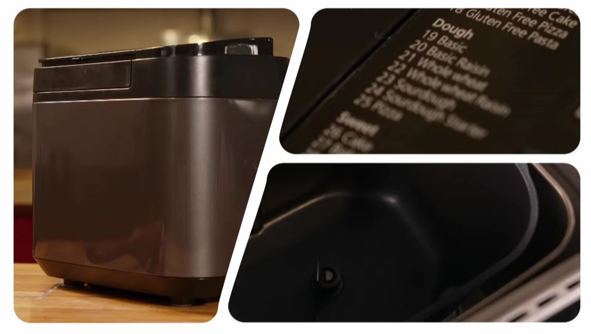 Text overlay mentioning features: 32 programs, yeast and nut dispensers, 13-hour delay timer