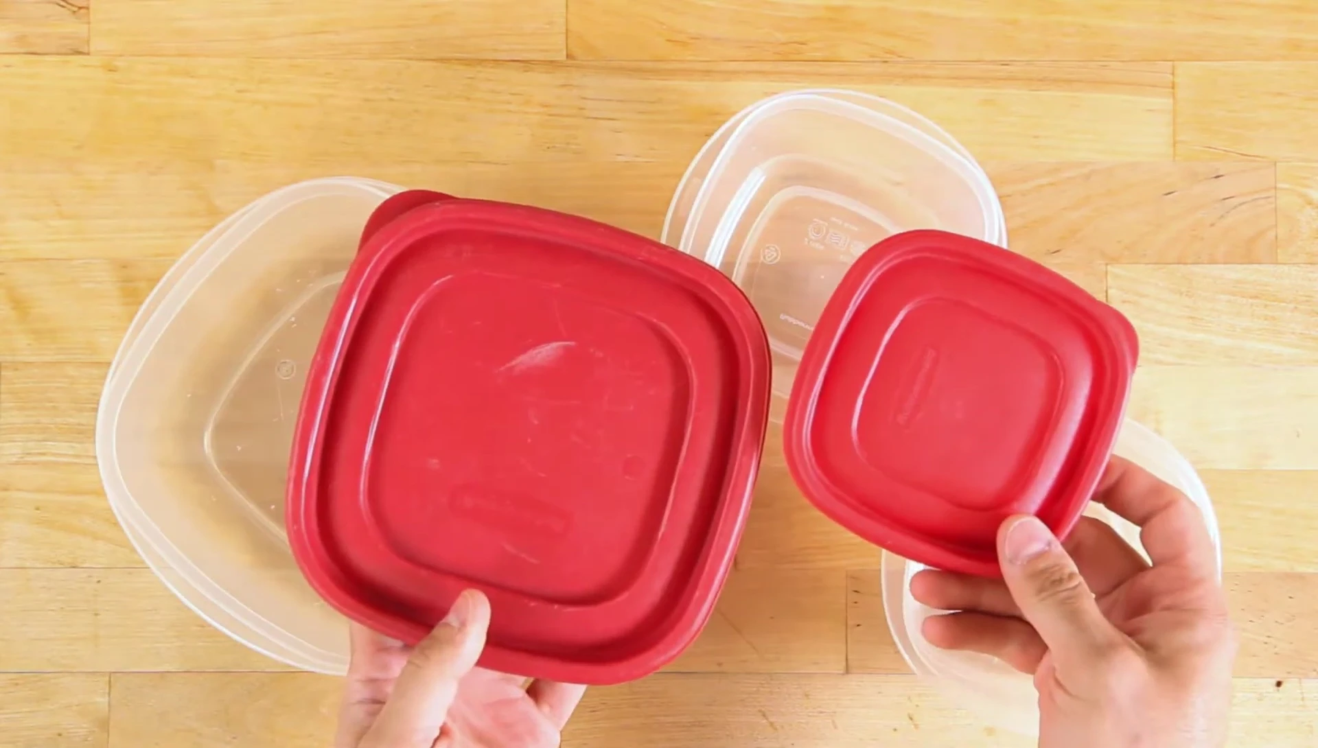 Close-up shot of a set of Rubbermaid containers of various sizes.