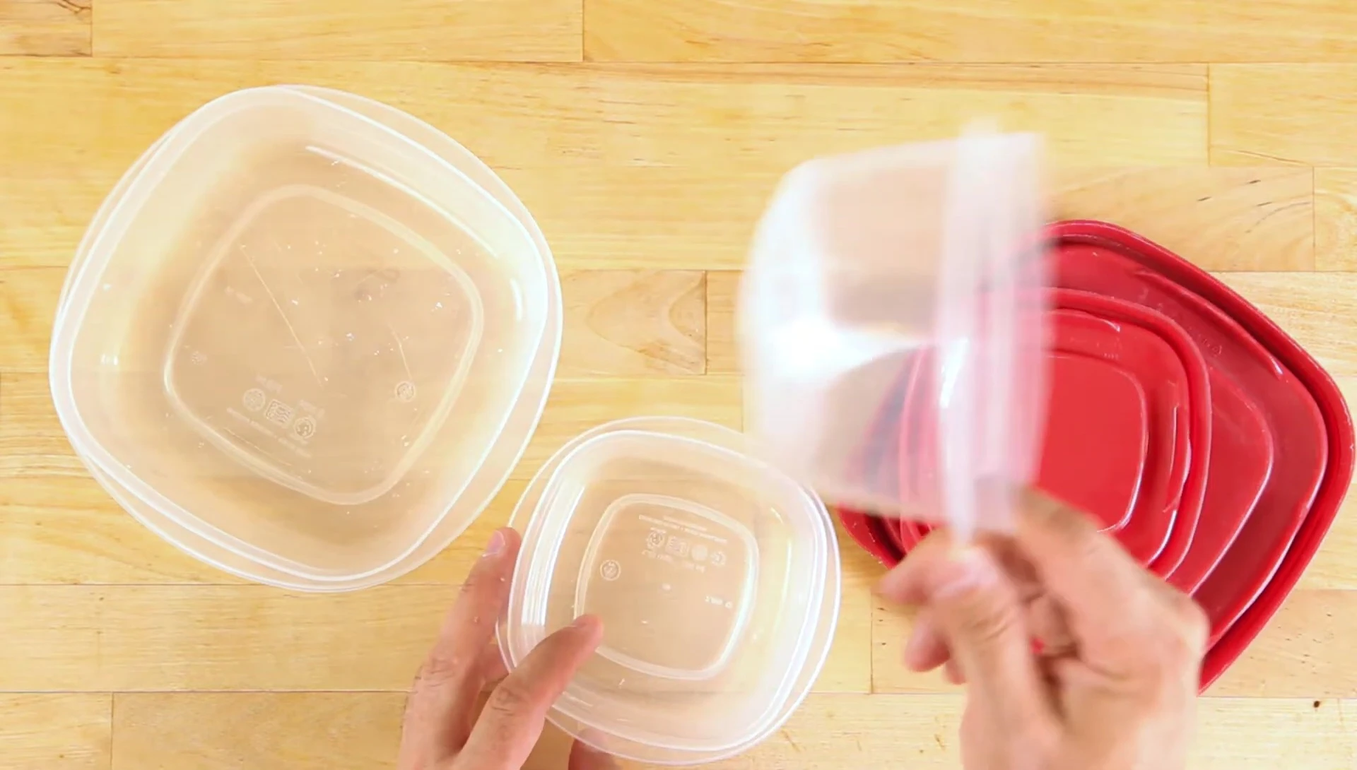 A Rubbermaid container showcasing its size suitability for snacks or small portions.