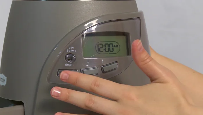 Set the clock to the current time using the up and down buttons and the enter button to confirm each setting (hour, then minutes).