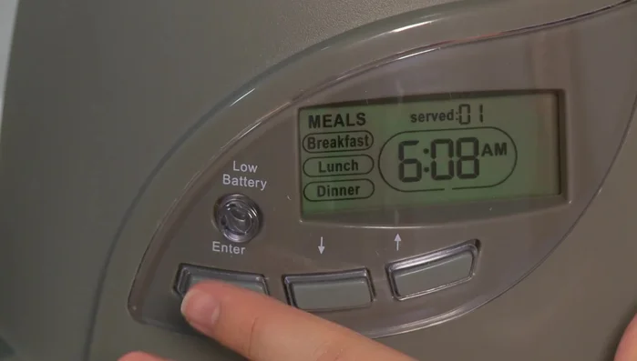 Program the number of meals per day. Press and hold 'enter' for 2 seconds until 'meals' flashes. Use the up and down buttons to select the desired number of meals and press 'enter' to confirm.