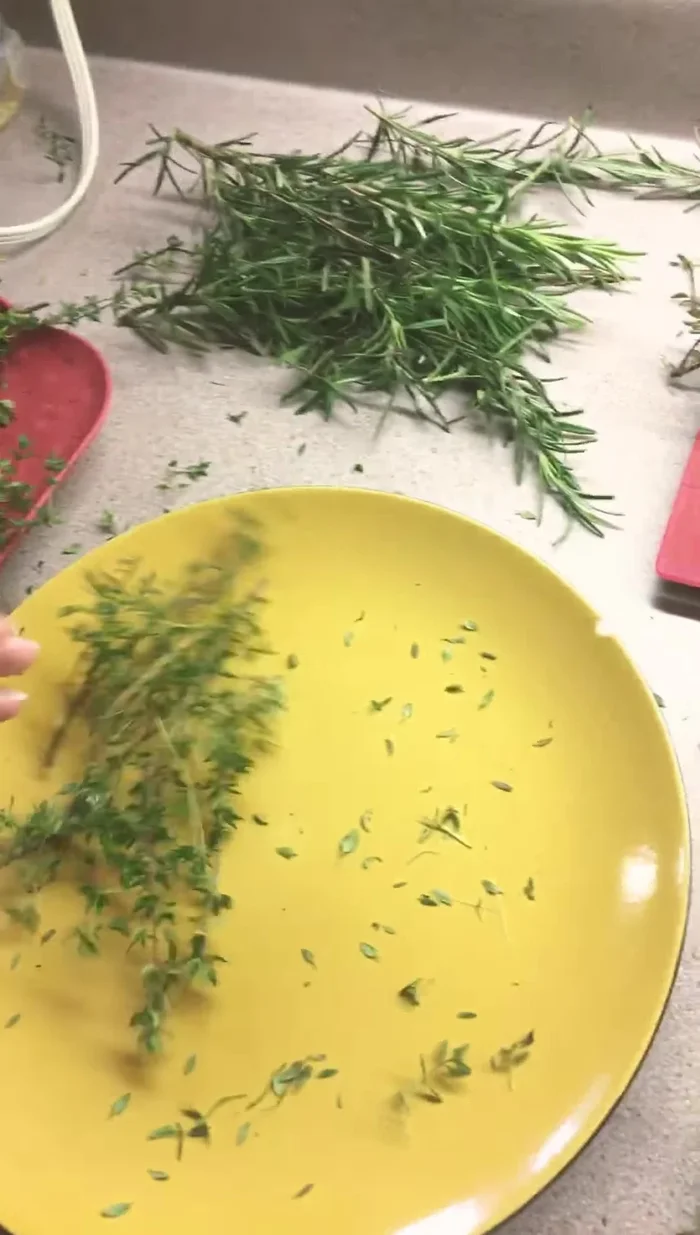 Separate herbs by type: Separate woody stems from more delicate, fleshy leaves. The speaker notes that fleshy leaves become watery when frozen.