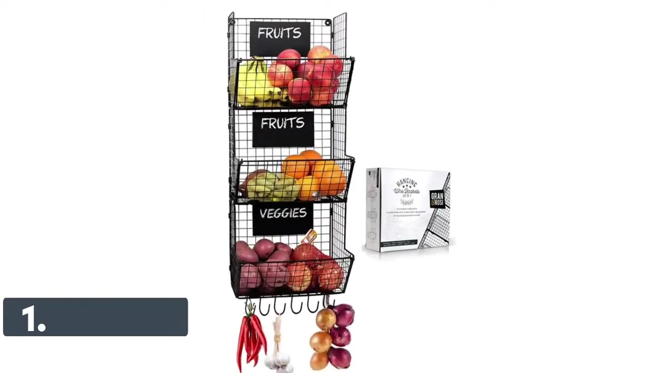 The Gran Rosie three-tier wire basket, highlighting its space-saving design and use for storing fruits and vegetables.