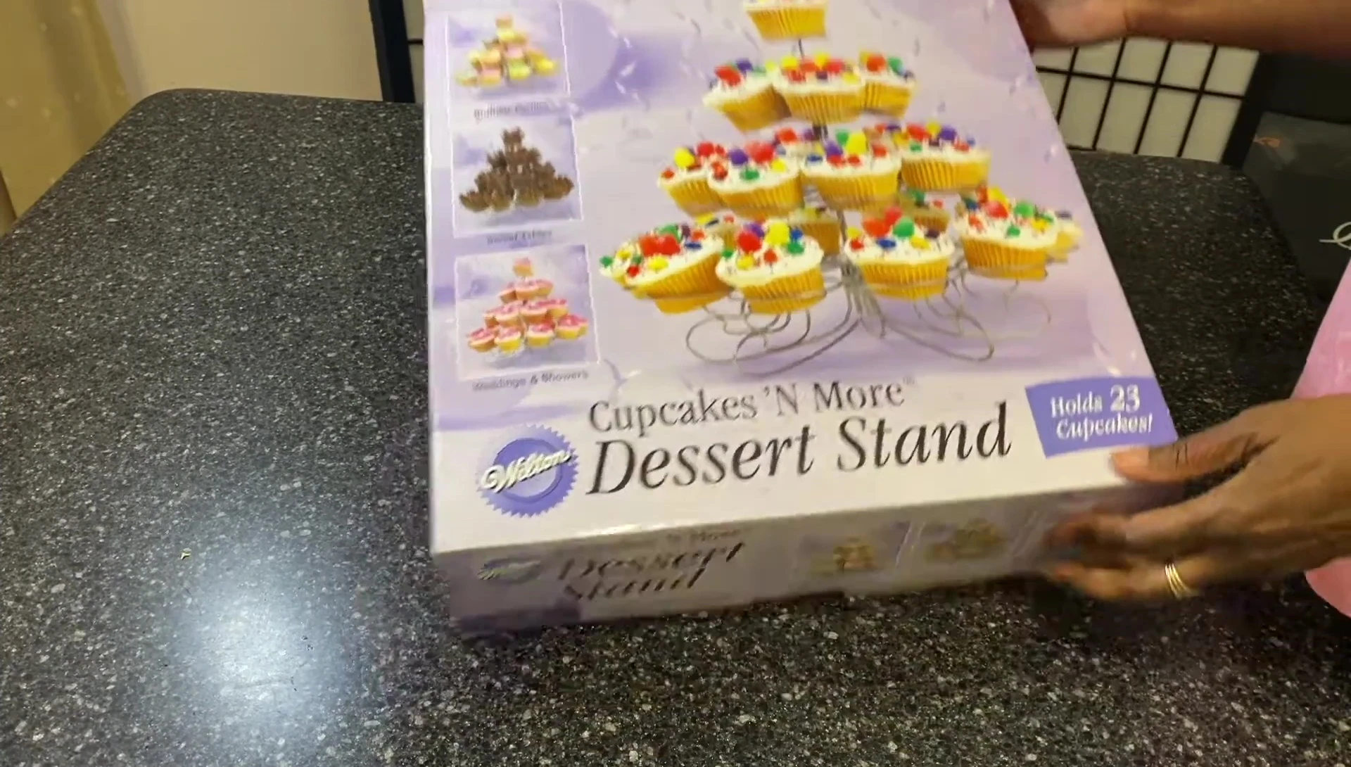 Close-up shot of the Wilton's Cupcakes and More dessert stand box.