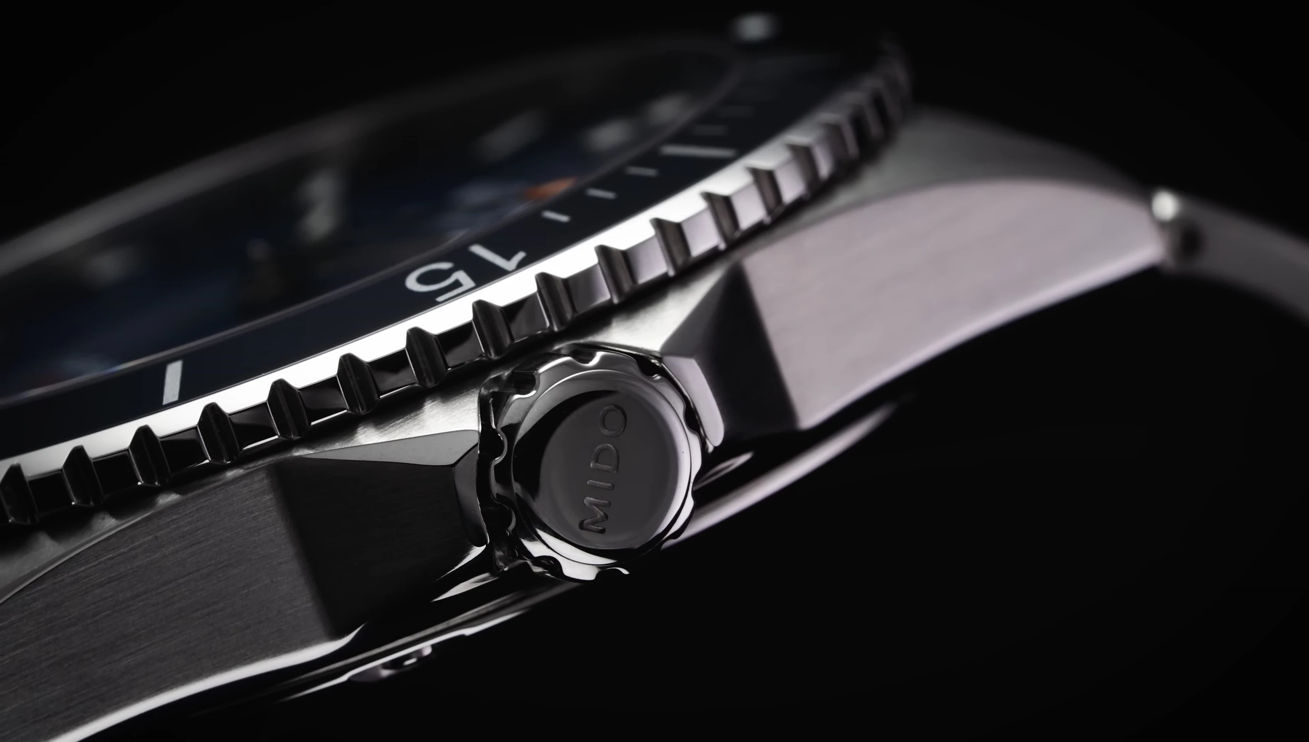 Close-up showing the case details and finish of the Mido Ocean Star 200