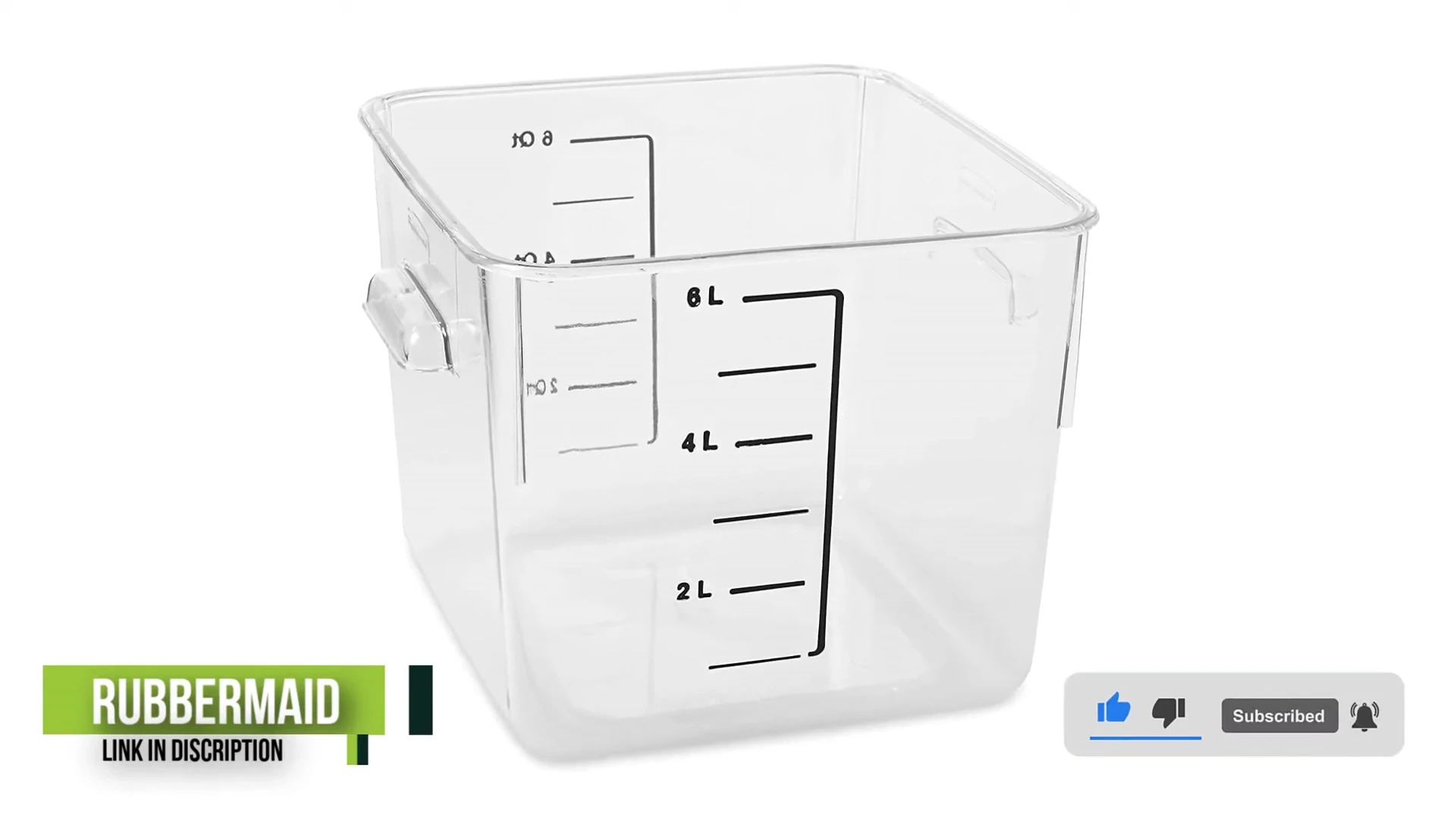 Close-up of a Rubbermaid container, emphasizing its clear material and sturdy construction.
