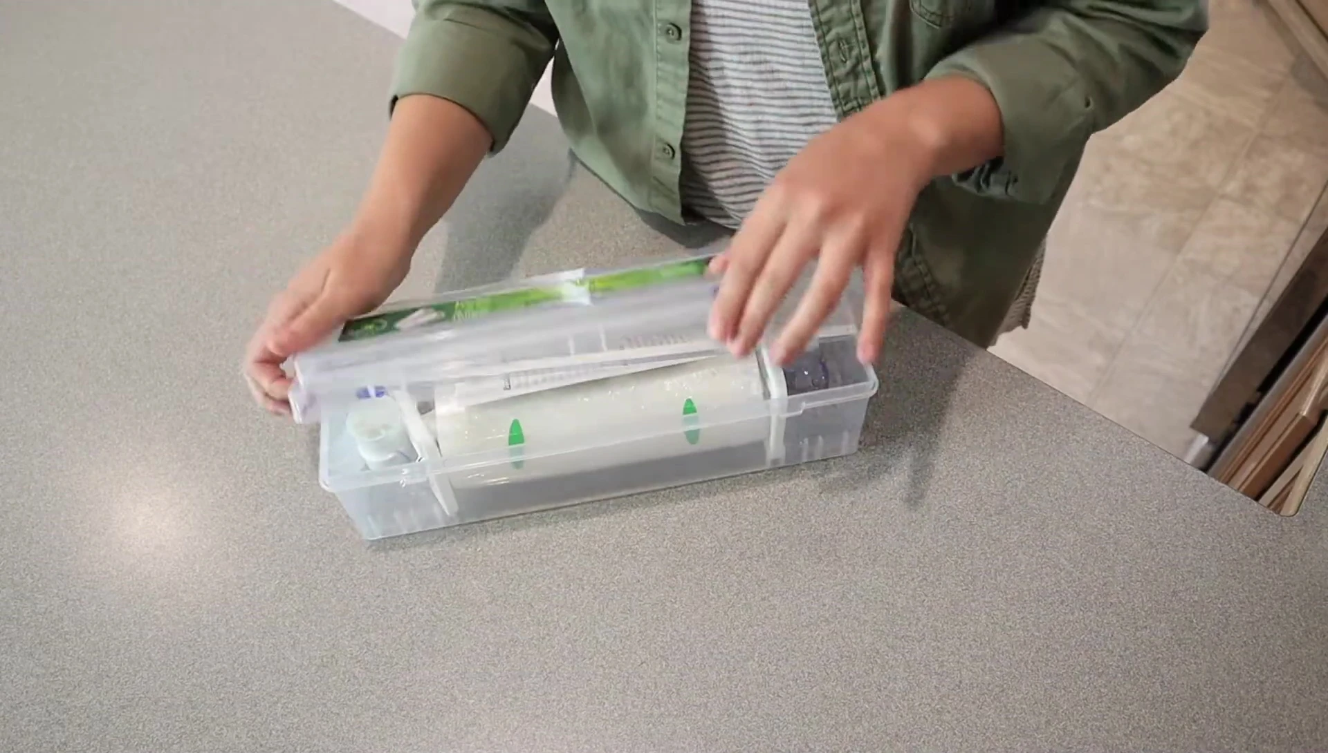 Close-up of the roll keeper showing its capacity and organization.