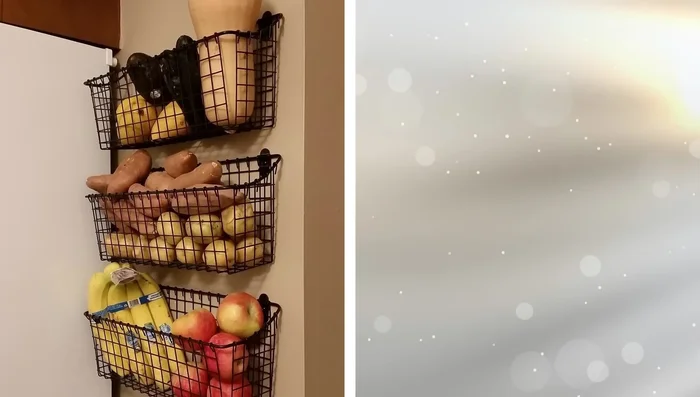Mount wire baskets on the kitchen walls to utilize unused wall space.