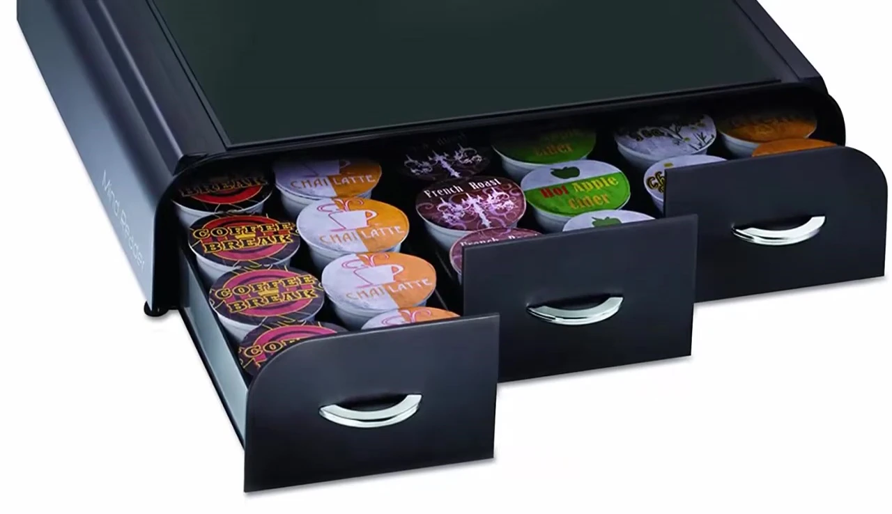 Mind-Reader Anchor Triple Draw K-Cup Holder showcasing its capacity and design.