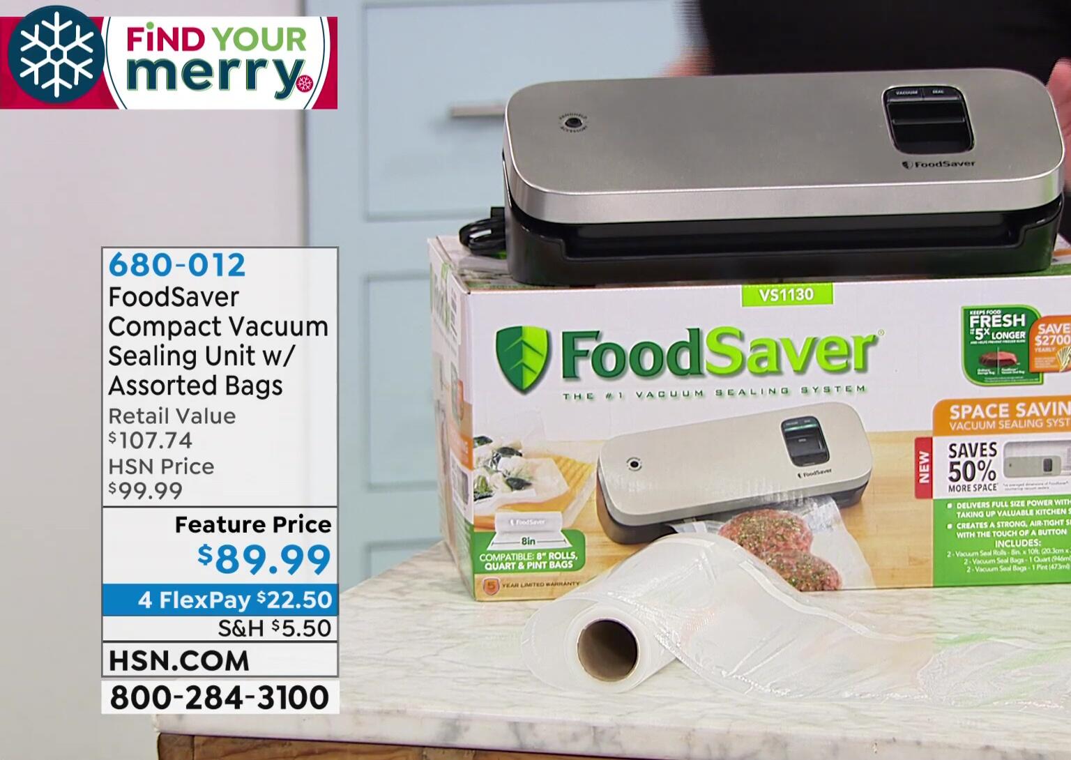Close-up of the FoodSaver Compact unit showing its size compared to other household items.