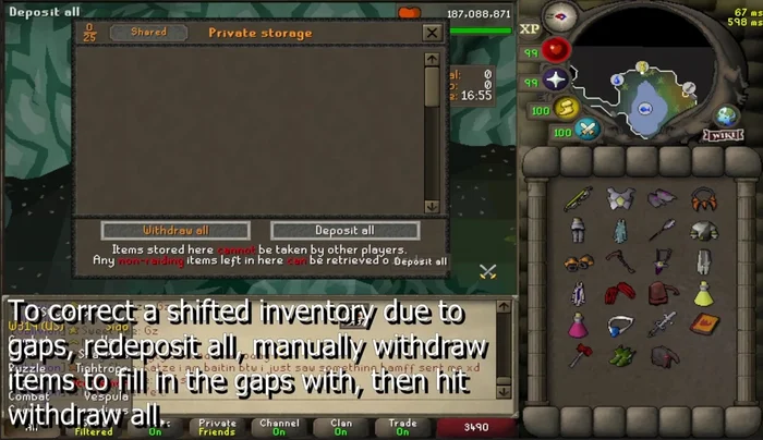 Maintain a compact inventory, avoiding gaps in top rows to prevent shifting. If gaps occur, deposit all, fill the gap, and withdraw all again.