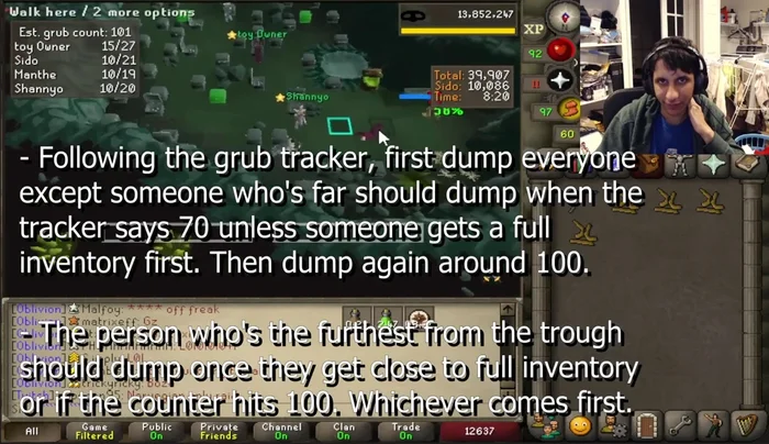 Monitor grub count; dump at 70 grubs (except for the furthest player), or when the counter estimates 70. Adjust counter values based on team thieving levels (225 for 95+, 260 for 99+ with Squirt).
